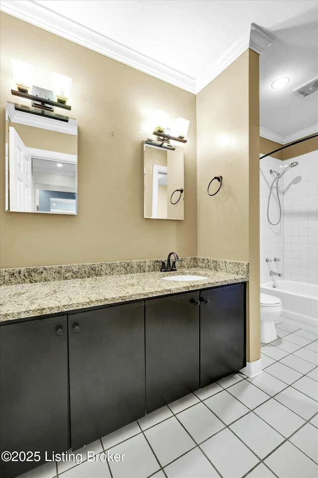 full bath featuring shower / bathtub combination, toilet, vanity, visible vents, and crown molding