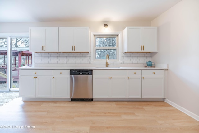 kitchen with tasteful backsplash, a healthy amount of sunlight, a sink, and stainless steel dishwasher