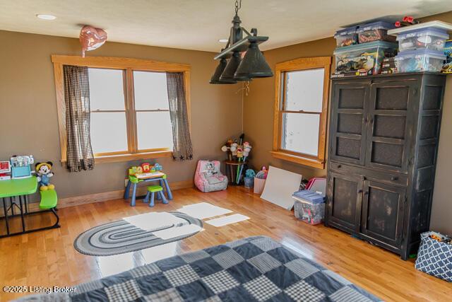 game room featuring a wealth of natural light, baseboards, and wood finished floors