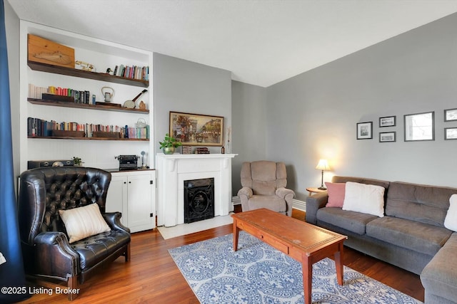 living area featuring a fireplace with flush hearth, wood finished floors, and built in features