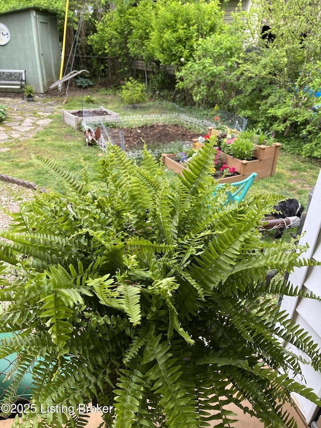 view of yard featuring a vegetable garden and an outbuilding