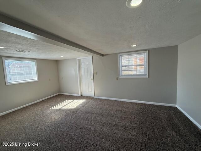 below grade area with carpet floors, a healthy amount of sunlight, a textured ceiling, and baseboards