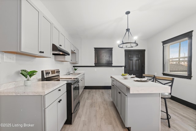 kitchen featuring a center island, electric stove, a breakfast bar area, light countertops, and under cabinet range hood