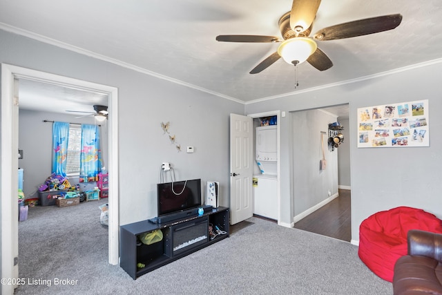 living room with carpet floors and crown molding