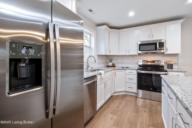 kitchen with appliances with stainless steel finishes, a sink, visible vents, and decorative backsplash