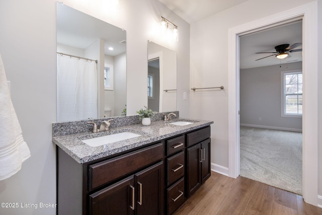 full bathroom with double vanity, baseboards, a sink, and wood finished floors