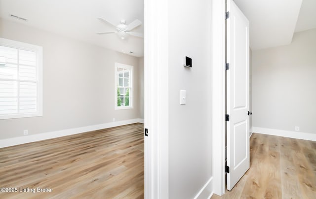 hall featuring light wood-style floors, visible vents, and baseboards