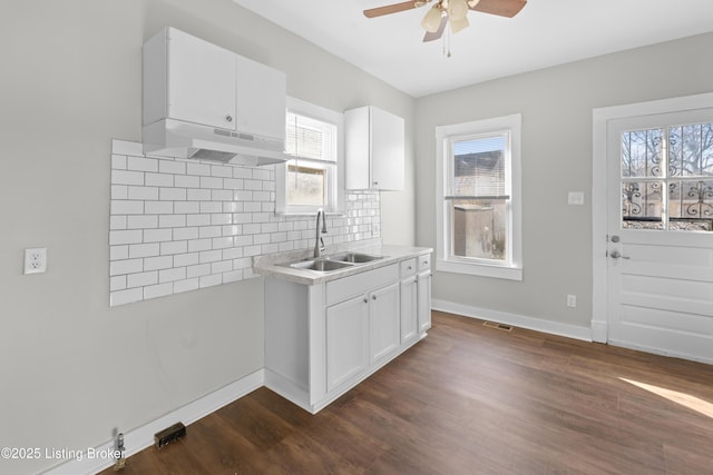 kitchen featuring dark wood-type flooring, under cabinet range hood, light countertops, decorative backsplash, and a sink