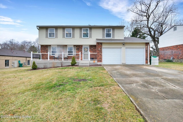 view of front of home featuring brick siding, a porch, concrete driveway, and a front lawn