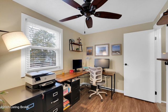 office space with ceiling fan, baseboards, and wood finished floors