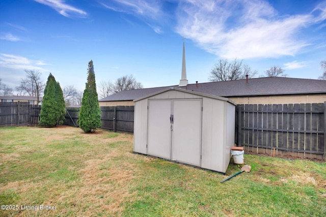 view of shed with a fenced backyard