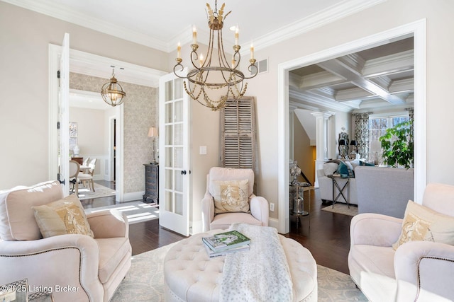 living area with dark wood-style flooring, coffered ceiling, baseboards, beam ceiling, and crown molding