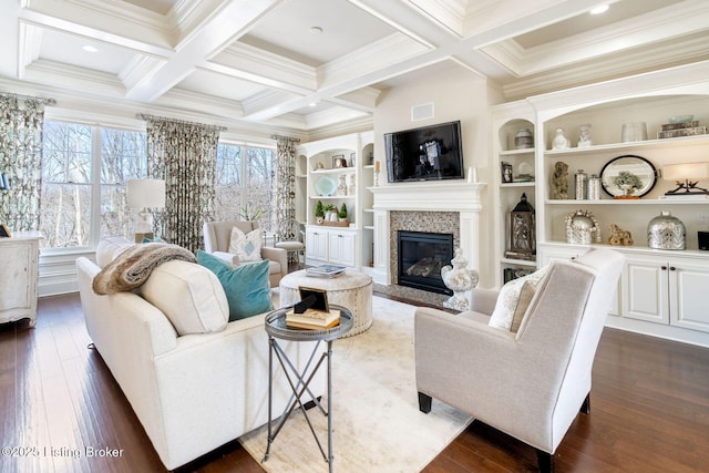 living room with dark wood-style floors, coffered ceiling, and beam ceiling