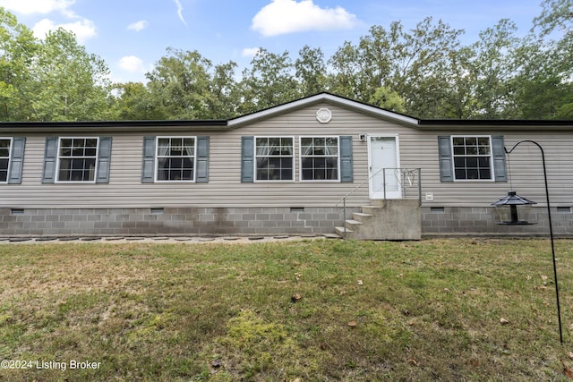 manufactured / mobile home with a front yard and crawl space