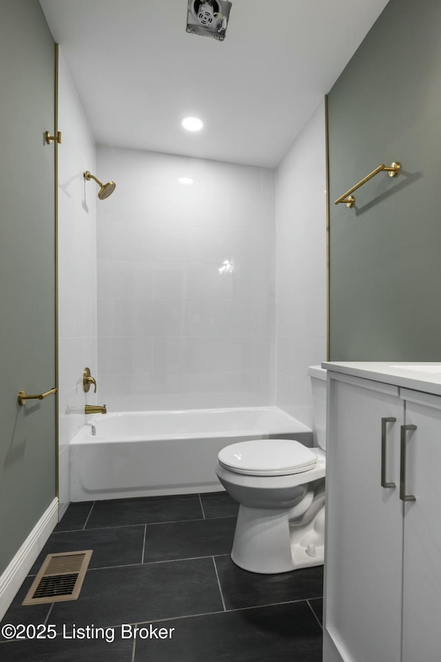 bathroom featuring visible vents, toilet, tub / shower combination, vanity, and baseboards