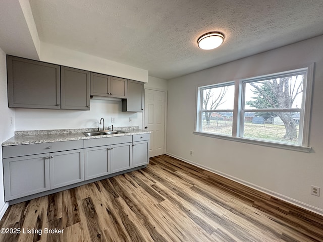 kitchen featuring baseboards, wood finished floors, light countertops, gray cabinets, and a sink