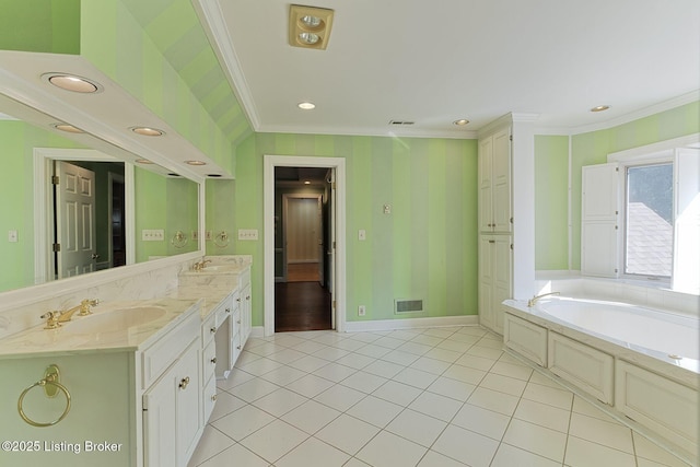 full bath with ornamental molding, tile patterned flooring, visible vents, and a sink