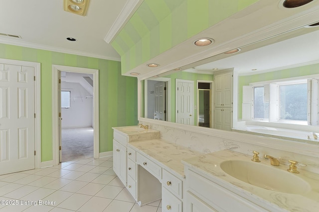 bathroom featuring crown molding, double vanity, visible vents, a sink, and tile patterned floors