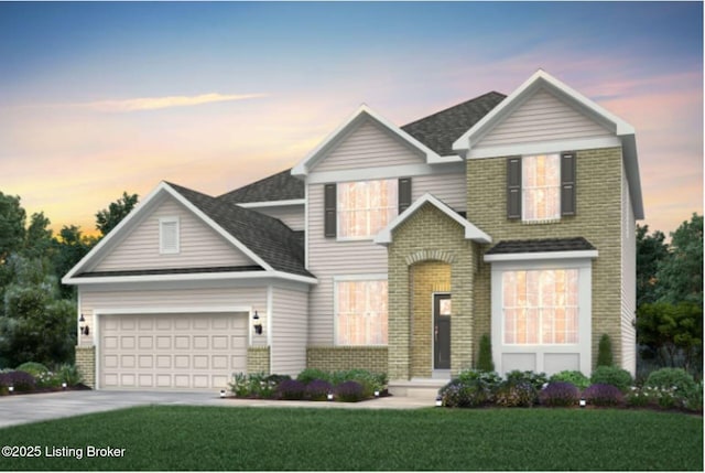 traditional-style home featuring brick siding, a shingled roof, concrete driveway, a front yard, and an attached garage