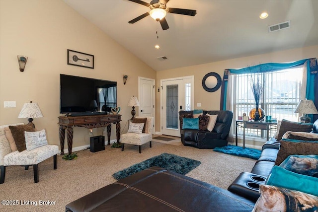 carpeted living room featuring lofted ceiling, ceiling fan, visible vents, and recessed lighting