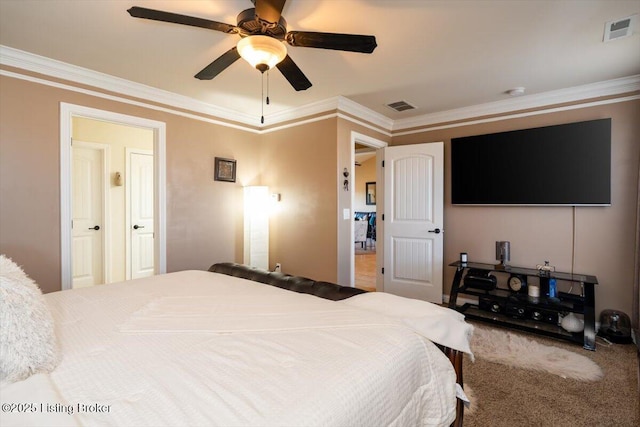 bedroom featuring carpet, visible vents, ceiling fan, and crown molding