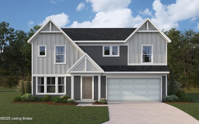 view of front of house with board and batten siding, concrete driveway, and roof with shingles