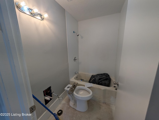 full bath with shower / bathtub combination, a textured ceiling, toilet, and concrete flooring