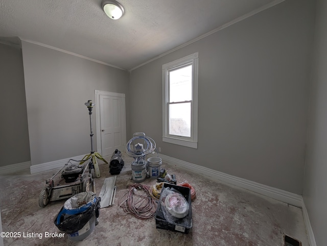 misc room featuring ornamental molding, a textured ceiling, and baseboards