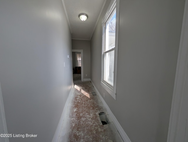 corridor featuring crown molding, a textured ceiling, and baseboards