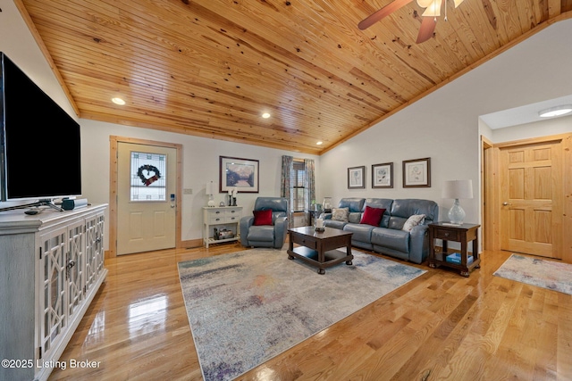 living room with wooden ceiling, a ceiling fan, light wood-style floors, vaulted ceiling, and ornamental molding