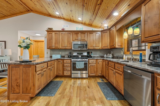 kitchen with stainless steel appliances, wood ceiling, a peninsula, and decorative backsplash