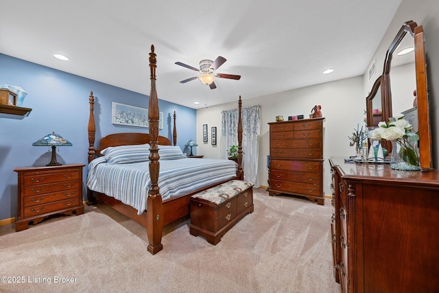 bedroom with light carpet, ceiling fan, baseboards, and recessed lighting