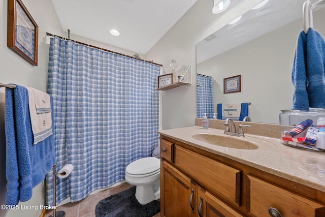 full bath featuring toilet, tile patterned floors, visible vents, vanity, and a shower with curtain