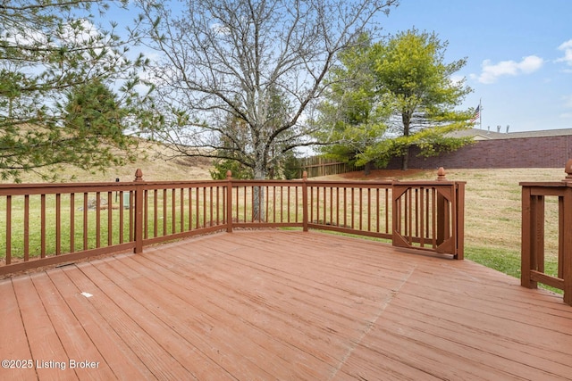 deck with a fenced backyard and a yard