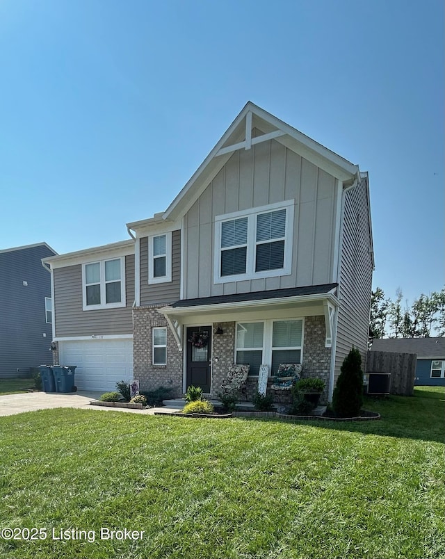 view of front of property featuring concrete driveway, brick siding, board and batten siding, and an attached garage