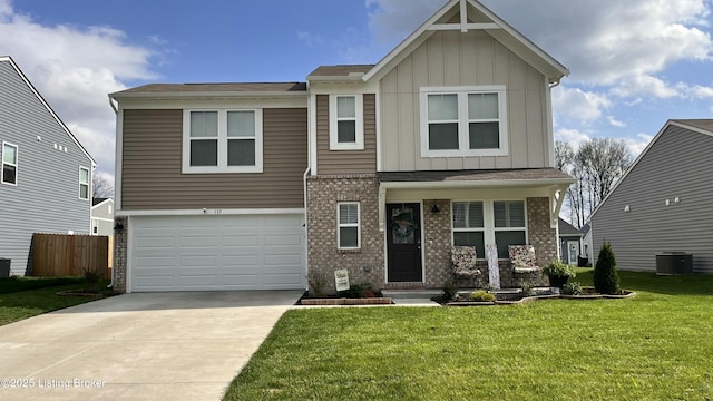 view of front of home featuring brick siding, an attached garage, board and batten siding, a front yard, and driveway