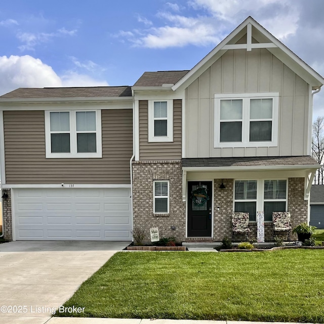 view of front of house featuring brick siding, board and batten siding, a garage, driveway, and a front lawn