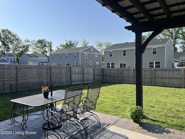 view of patio / terrace featuring a residential view, a fenced backyard, and outdoor dining space