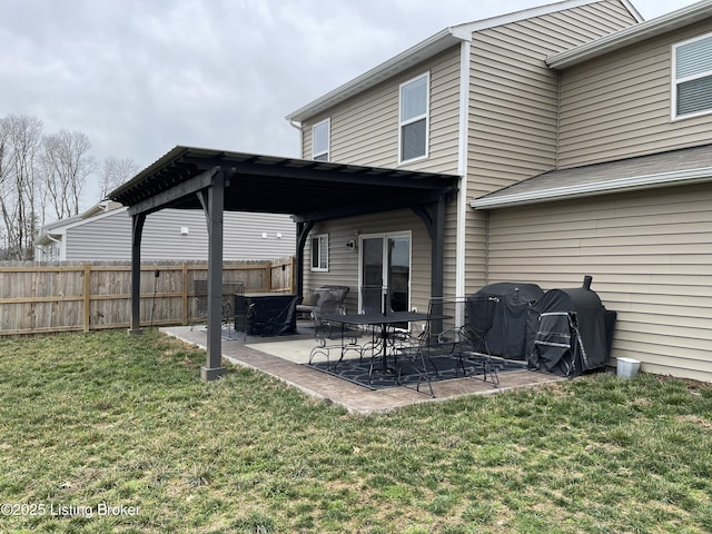 exterior space featuring a yard, fence, a pergola, and a patio