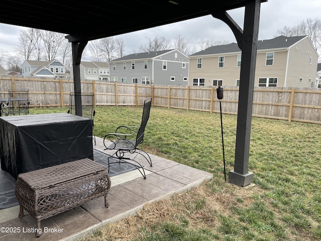 view of yard with a residential view, a patio area, and a fenced backyard