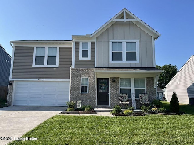 view of front of house featuring a garage, concrete driveway, a front lawn, board and batten siding, and brick siding