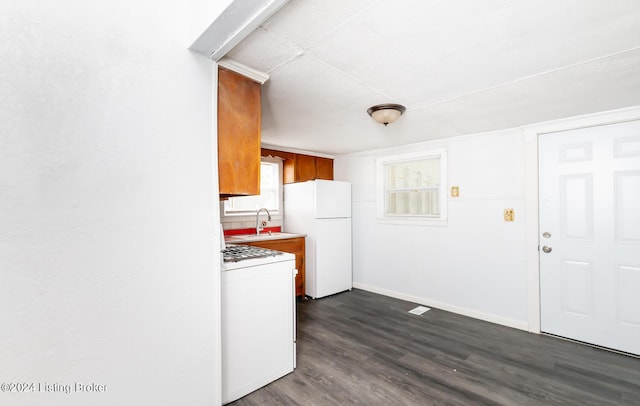 kitchen with dark wood-style flooring, light countertops, brown cabinetry, a sink, and white appliances