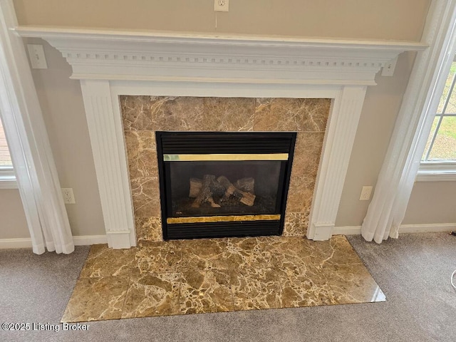 details featuring baseboards, carpet flooring, and a tiled fireplace