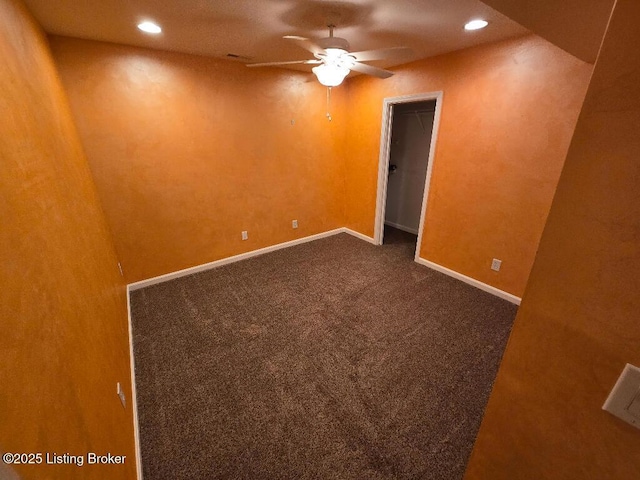 unfurnished room with carpet, baseboards, ceiling fan, and recessed lighting