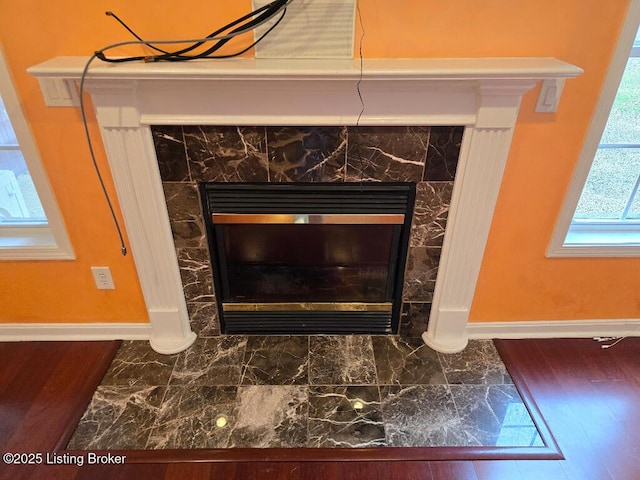 room details with a fireplace, wood finished floors, and baseboards