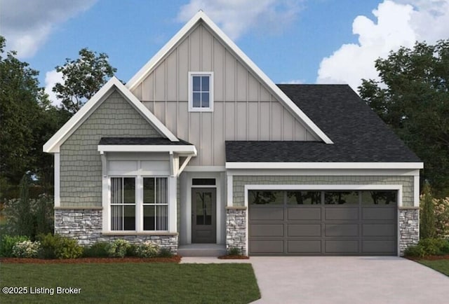 craftsman-style home featuring concrete driveway, an attached garage, board and batten siding, a front yard, and stone siding