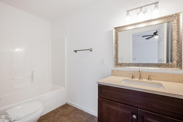 full bath with toilet, a ceiling fan, baseboards, vanity, and tile patterned floors