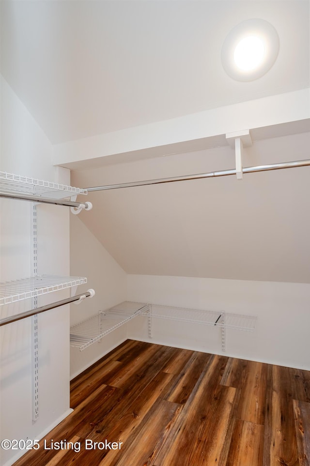 spacious closet featuring vaulted ceiling and wood finished floors