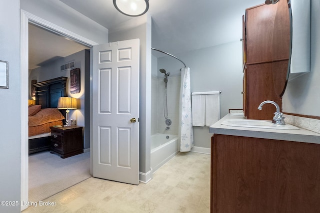 bathroom with visible vents, connected bathroom, shower / tub combo with curtain, tile patterned floors, and vanity