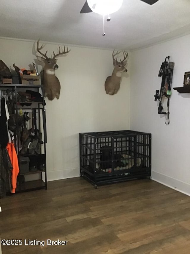 interior space featuring a ceiling fan, baseboards, and wood finished floors